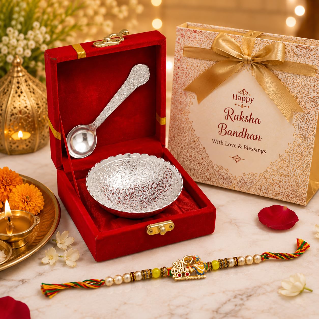 Piepot Rakhi for Brother, Rakhi Gift Set for Brother, German Silver Bowl and Spoon with Designer Rakhi, Raksha Bandhan Gift H