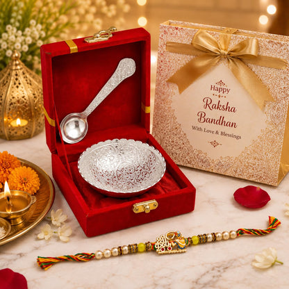 Piepot Rakhi for Brother, Rakhi Gift Set for Brother, German Silver Bowl and Spoon with Designer Rakhi, Raksha Bandhan Gift H