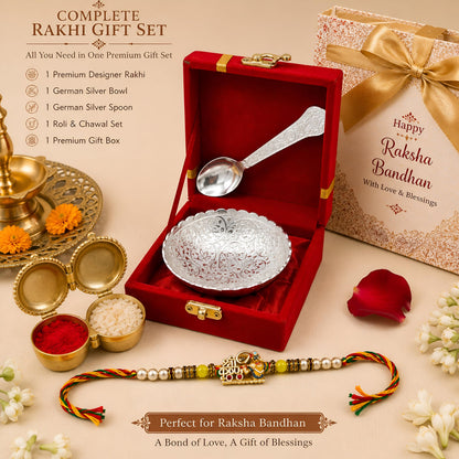 Piepot Rakhi for Brother, Rakhi Gift Set for Brother, German Silver Bowl and Spoon with Designer Rakhi, Raksha Bandhan Gift H