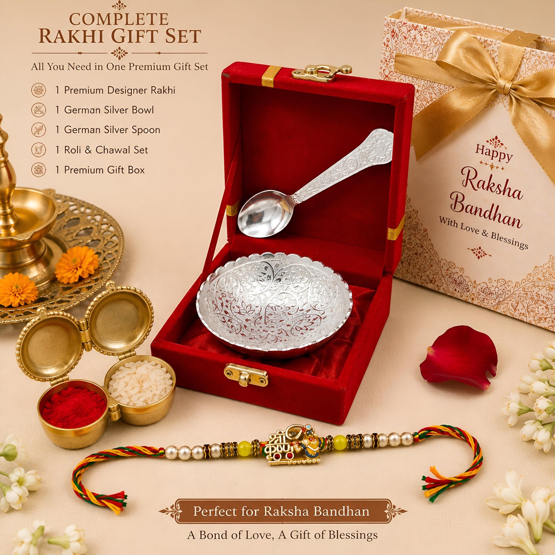 Piepot Rakhi for Brother, Rakhi Gift Set for Brother, German Silver Bowl and Spoon with Designer Rakhi, Raksha Bandhan Gift H