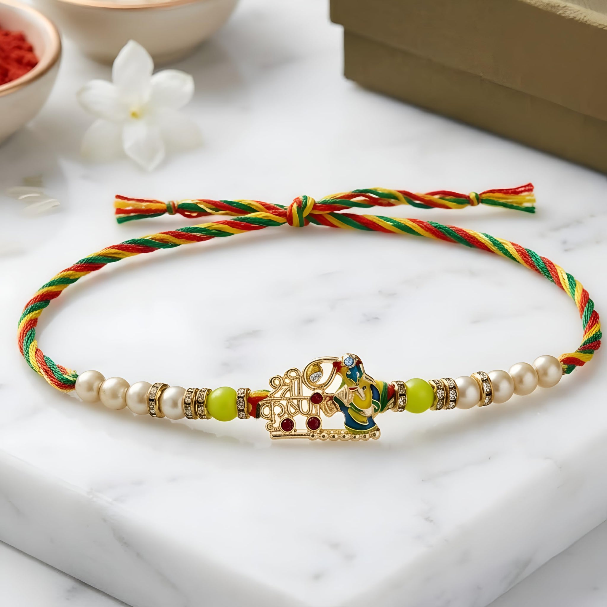 Piepot Rakhi for Brother, Rakhi Gift Set for Brother, German Silver Bowl and Spoon with Designer Rakhi, Raksha Bandhan Gift H