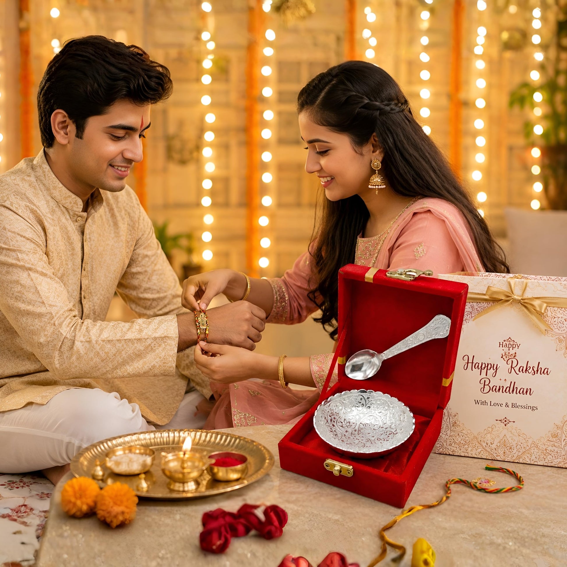 Piepot Rakhi for Brother, Rakhi Gift Set for Brother, German Silver Bowl and Spoon with Designer Rakhi, Raksha Bandhan Gift H