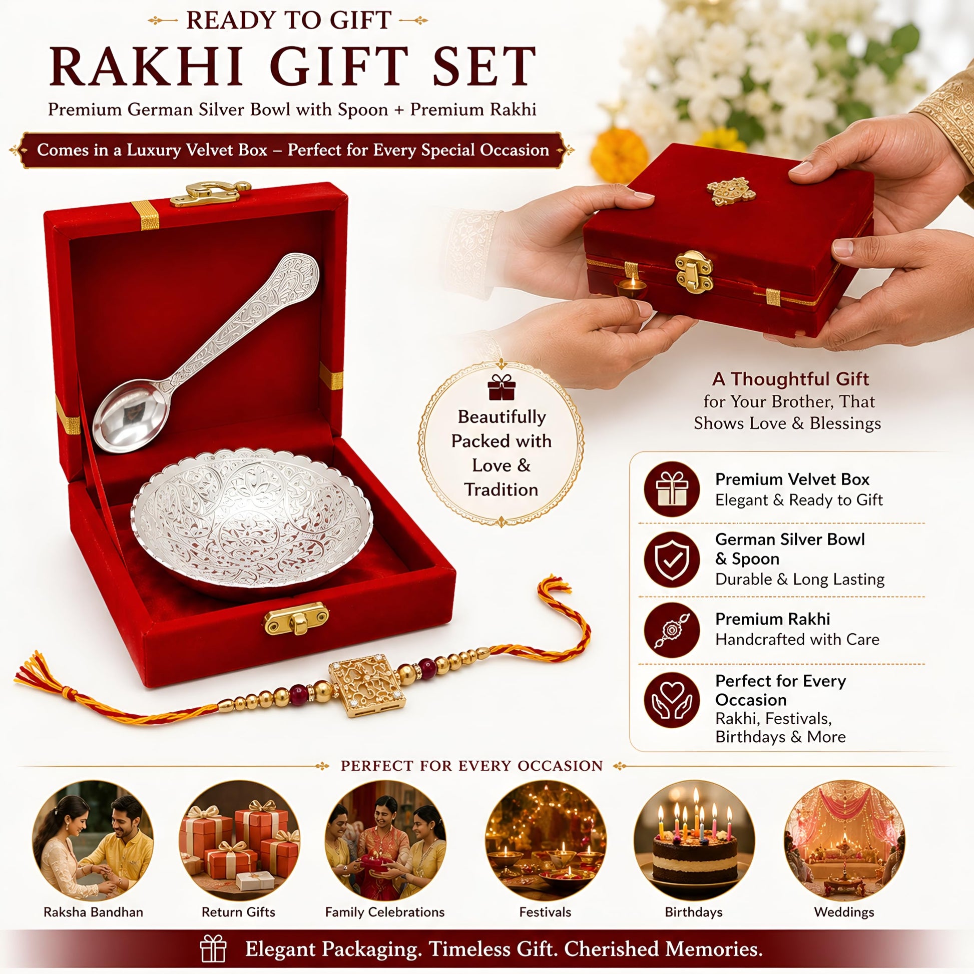 Piepot Rakhi for Brother, Rakhi Gift Set for Brother, German Silver Bowl and Spoon with Designer Rakhi, Raksha Bandhan Gift H