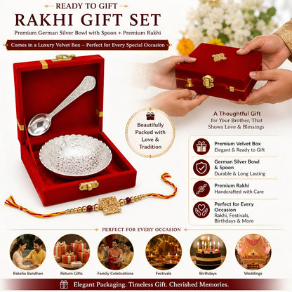 Piepot Rakhi for Brother, Rakhi Gift Set for Brother, German Silver Bowl and Spoon with Designer Rakhi, Raksha Bandhan Gift H