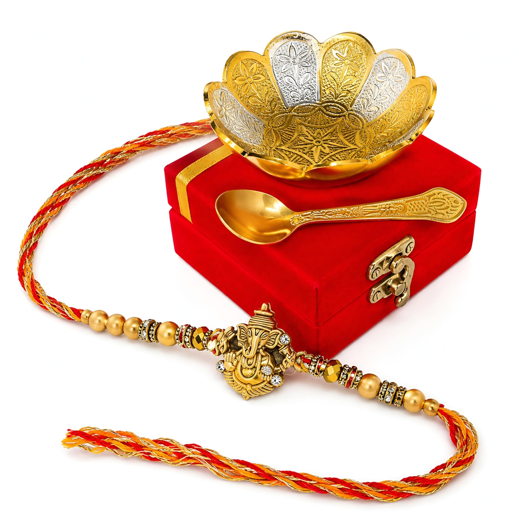 Piepot Rakhi for Brother, Rakhi Gift Set for Brother, German Silver Bowl and Spoon with Designer Rakhi, Raksha Bandhan Gift H