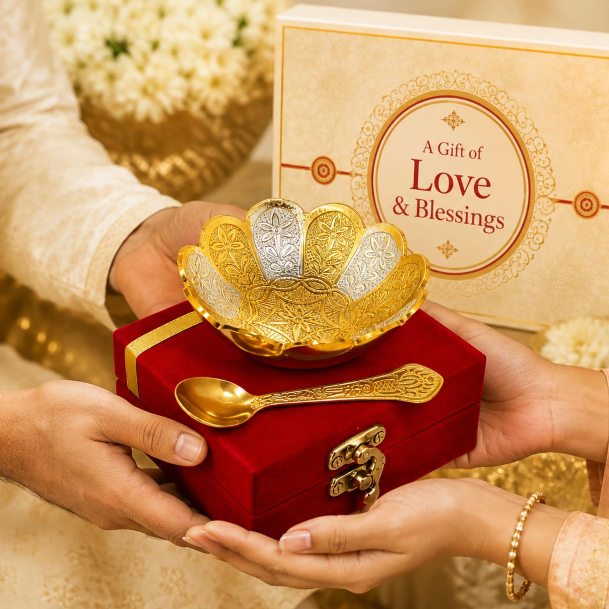 Piepot Rakhi for Brother, Rakhi Gift Set for Brother, German Silver Bowl and Spoon with Designer Rakhi, Raksha Bandhan Gift H