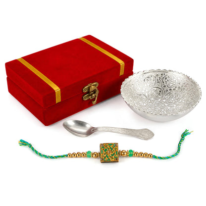 Piepot Rakhi for Brother, Rakhi Gift Set for Brother, German Silver Bowl and Spoon with Designer Rakhi, Raksha Bandhan Gift H
