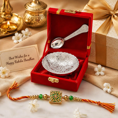 Piepot Rakhi for Brother, Rakhi Gift Set for Brother, German Silver Bowl and Spoon with Designer Rakhi, Raksha Bandhan Gift H