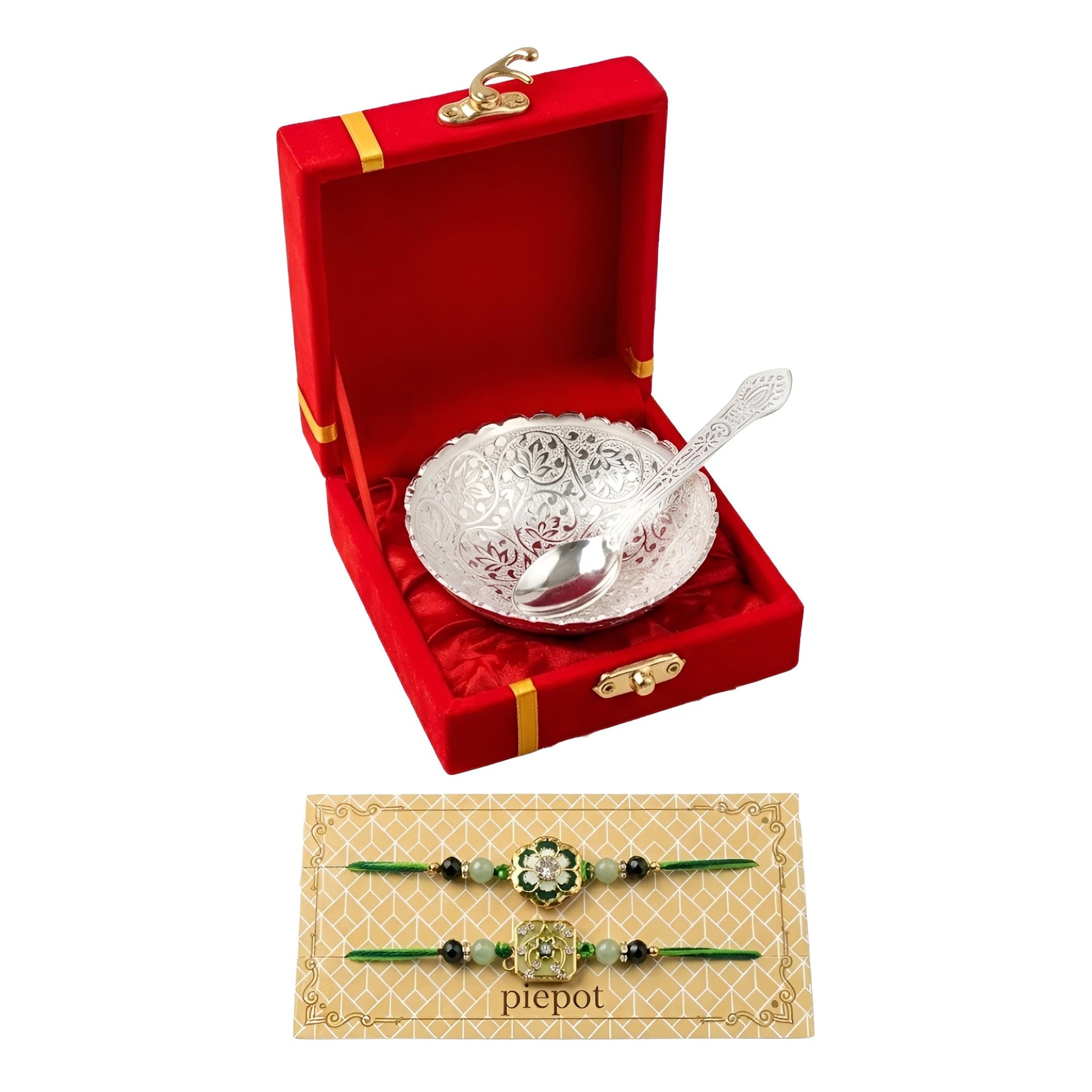 Piepot Rakhi for Brother, Rakhi Gift Set for Brother, German Silver Bowl and Spoon with Designer Rakhi, Raksha Bandhan Gift H