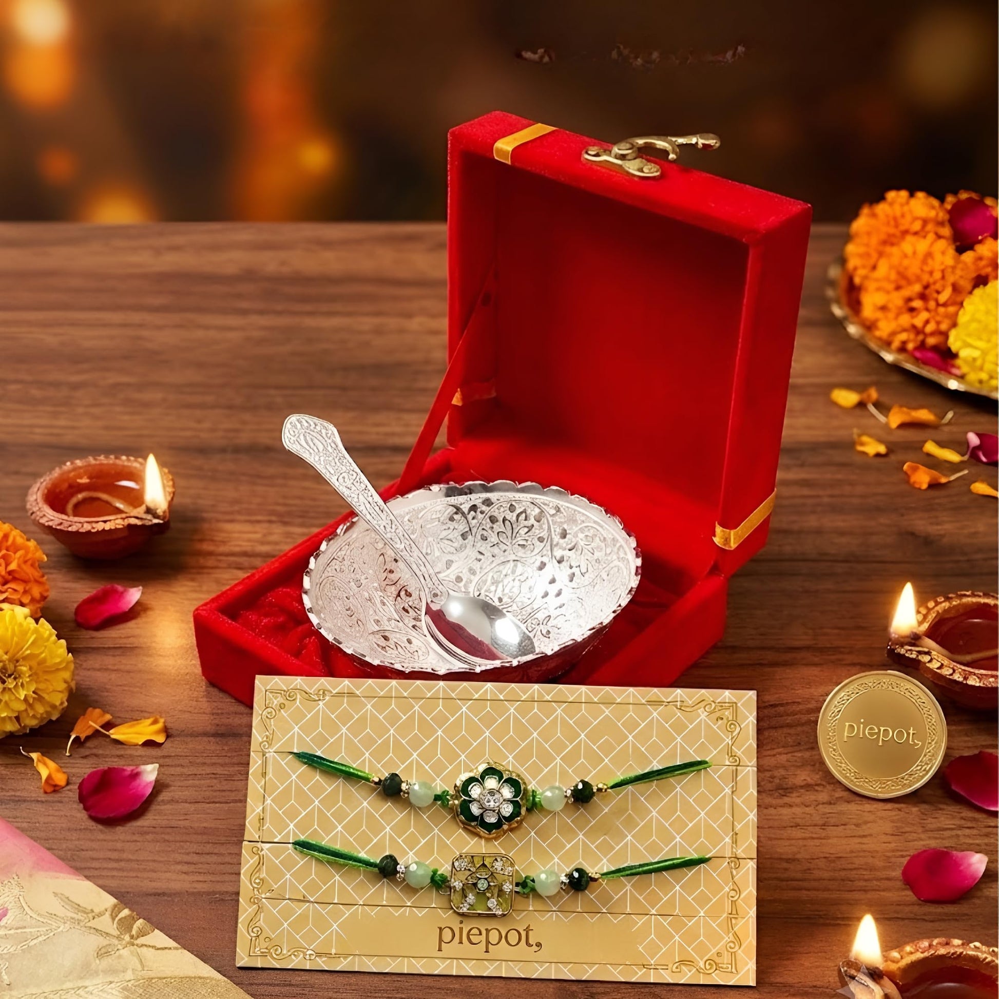 Piepot Rakhi for Brother, Rakhi Gift Set for Brother, German Silver Bowl and Spoon with Designer Rakhi, Raksha Bandhan Gift H