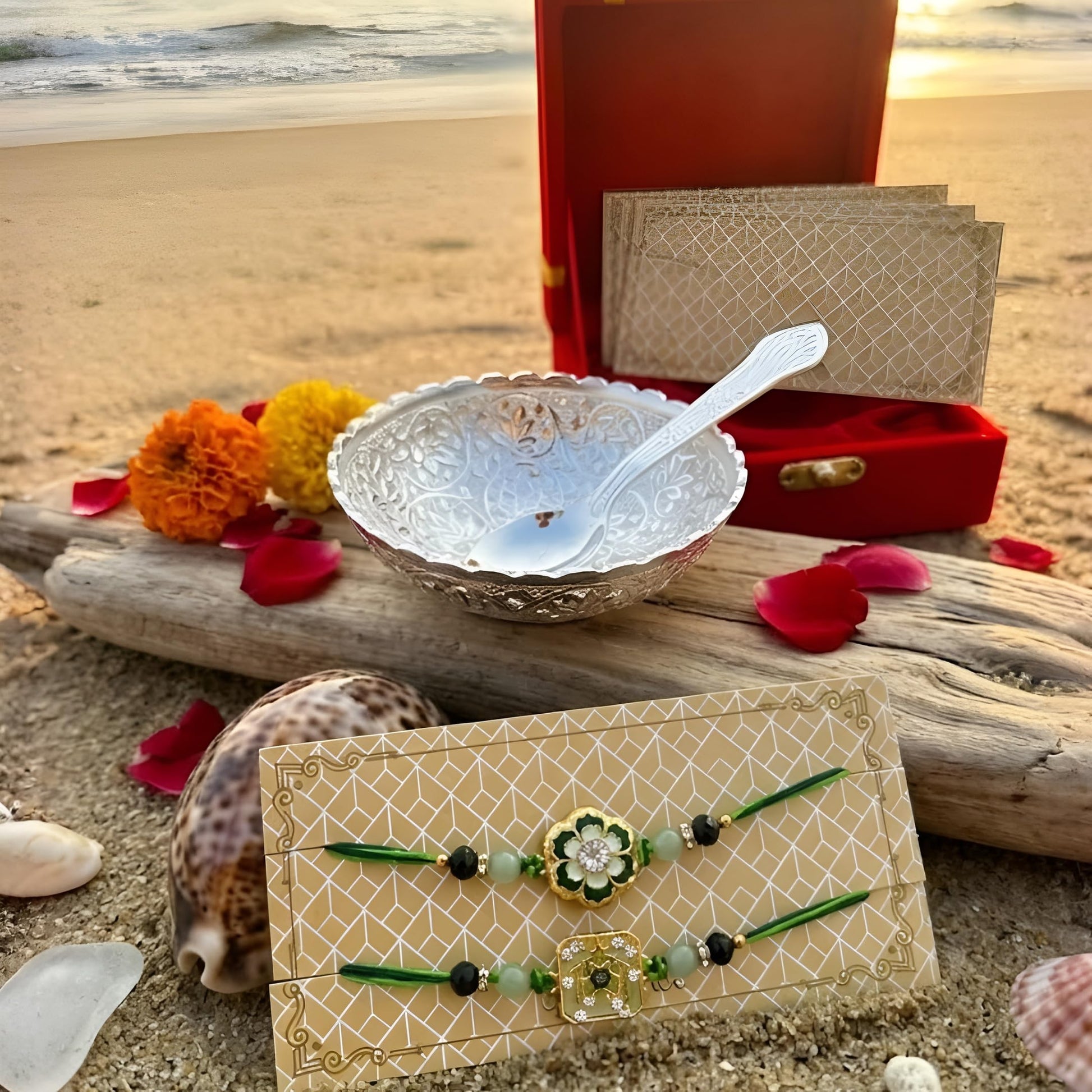 Piepot Rakhi for Brother, Rakhi Gift Set for Brother, German Silver Bowl and Spoon with Designer Rakhi, Raksha Bandhan Gift H
