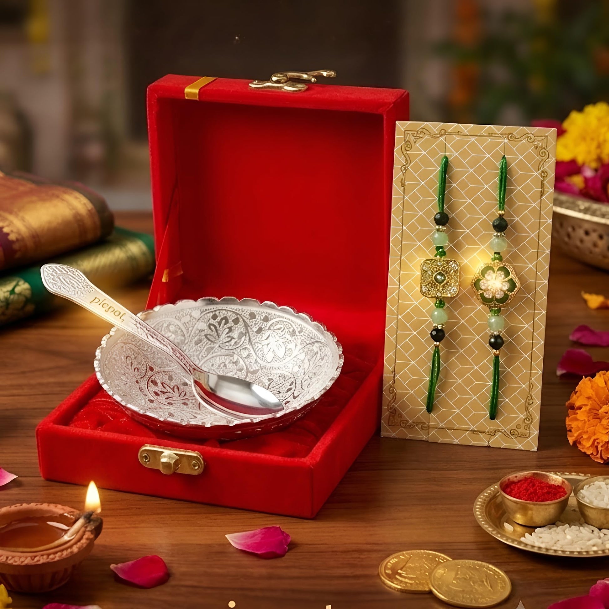 Piepot Rakhi for Brother, Rakhi Gift Set for Brother, German Silver Bowl and Spoon with Designer Rakhi, Raksha Bandhan Gift H