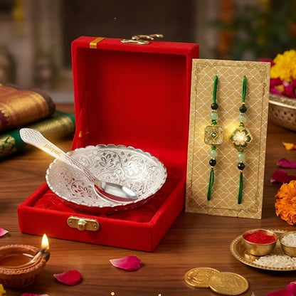 Piepot Rakhi for Brother, Rakhi Gift Set for Brother, German Silver Bowl and Spoon with Designer Rakhi, Raksha Bandhan Gift H