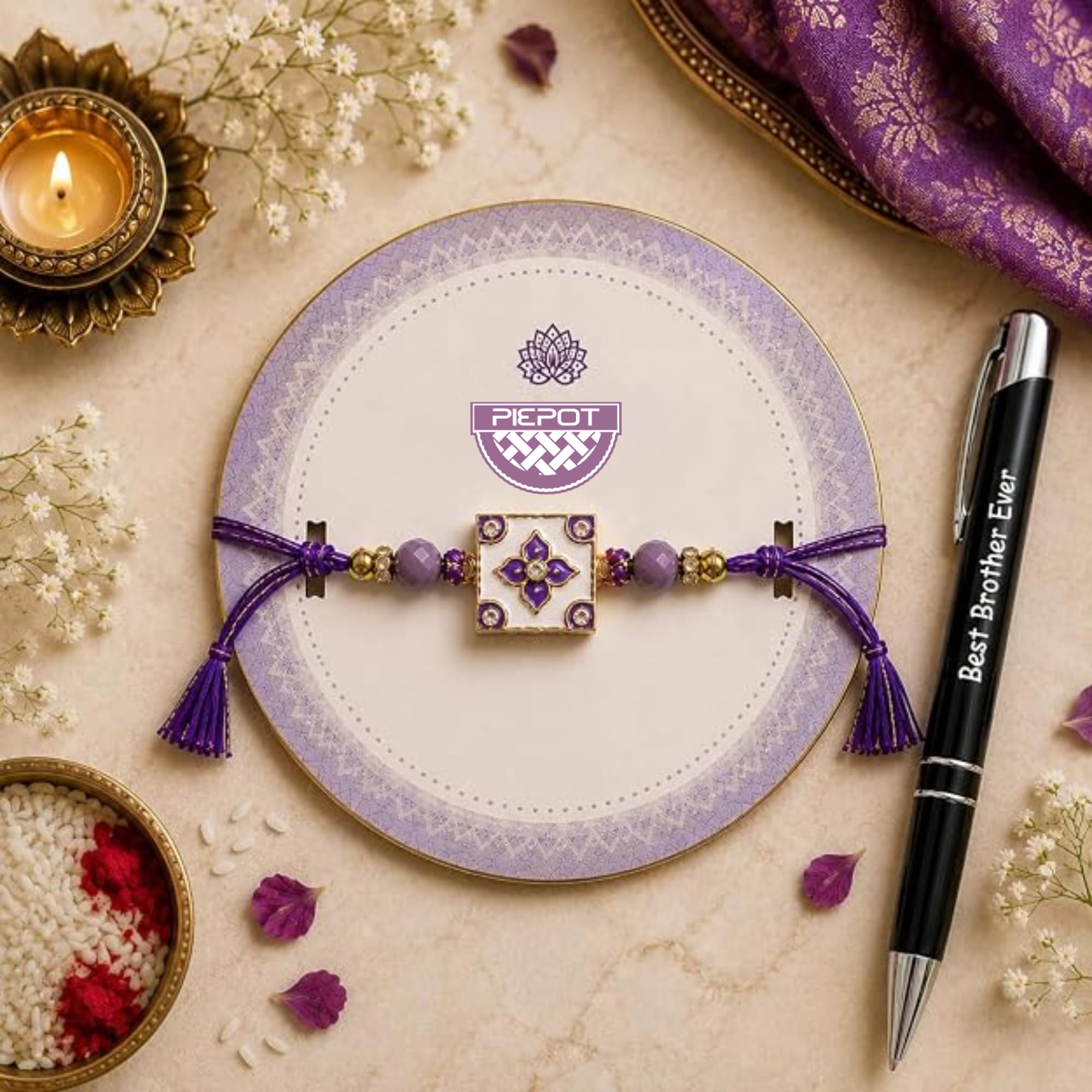Piepot Rakhi Set for Brother | Handmade Rakhi with Pearl Beads & Brother Ever Pen | Raksha Bandhan Gift Combo for Bhai - fron