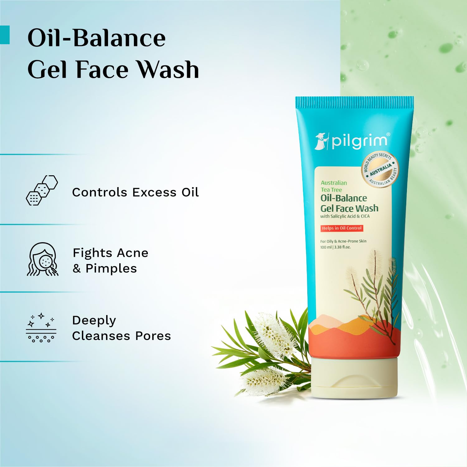 Pilgrim 1% Salicylic Acid Gel Face Wash 100 ml | Gel Face Wash with CICA & Tea Tree For Men & Women, for Oily skin, Acne Pron