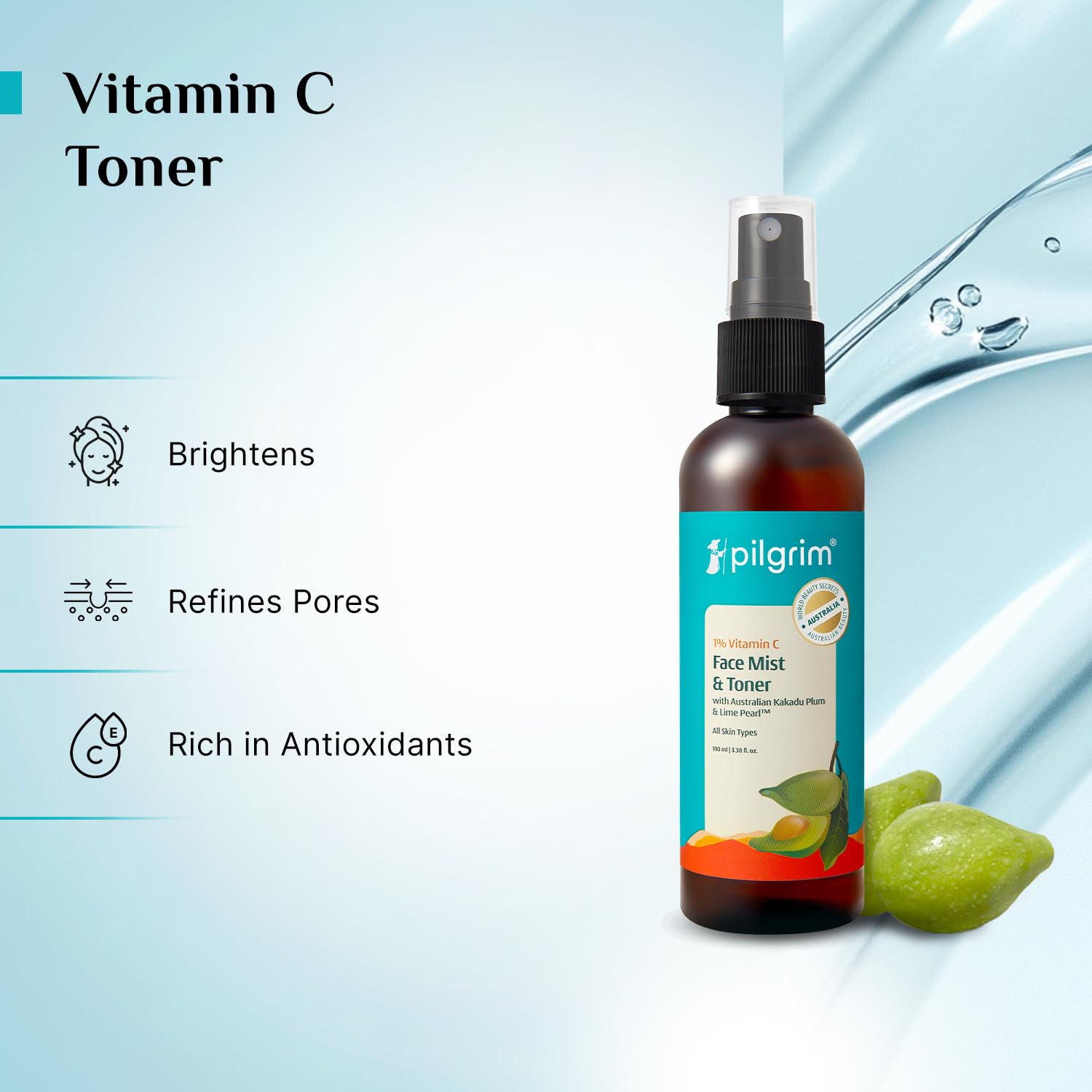 Pilgrim 1% Vitamin C Toner with Australian Kakadu Plum & Lime Pearl, Alcohol-Free, 100ml - back view