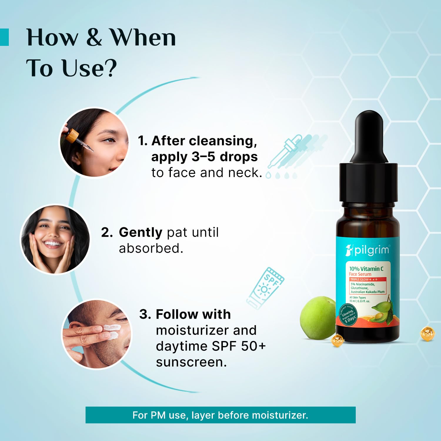 PILGRIM 10% Vitamin C Face Serum with Niacinamide and Kakadu Plum, Unisex Face Serum - in use
