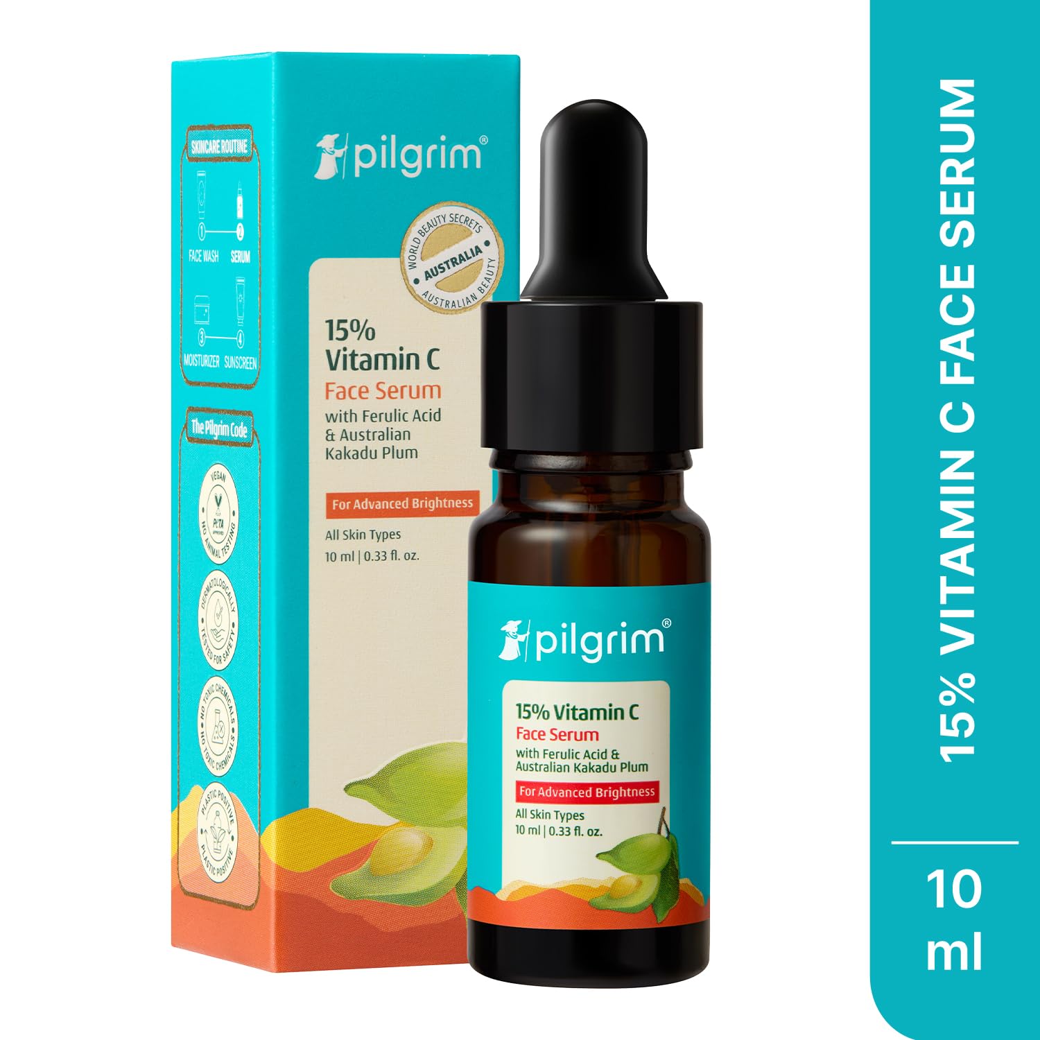 Pilgrim 15% Vitamin C Serum 10ml for Glowing Skin with Ferulic Acid & Kakadu Plum | Advanced Dark Spot Corrector, Hyperpigmen