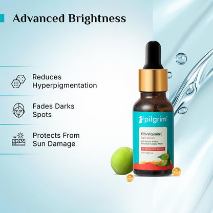 Pilgrim 15% Vitamin C Serum 10ml for Glowing Skin with Ferulic Acid & Kakadu Plum | Advanced Dark Spot Corrector, Hyperpigmen