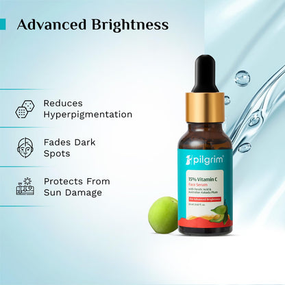 Pilgrim 15% Vitamin C Serum 10ml for Glowing Skin with Ferulic Acid & Kakadu Plum | Advanced Dark Spot Corrector, Hyperpigmen