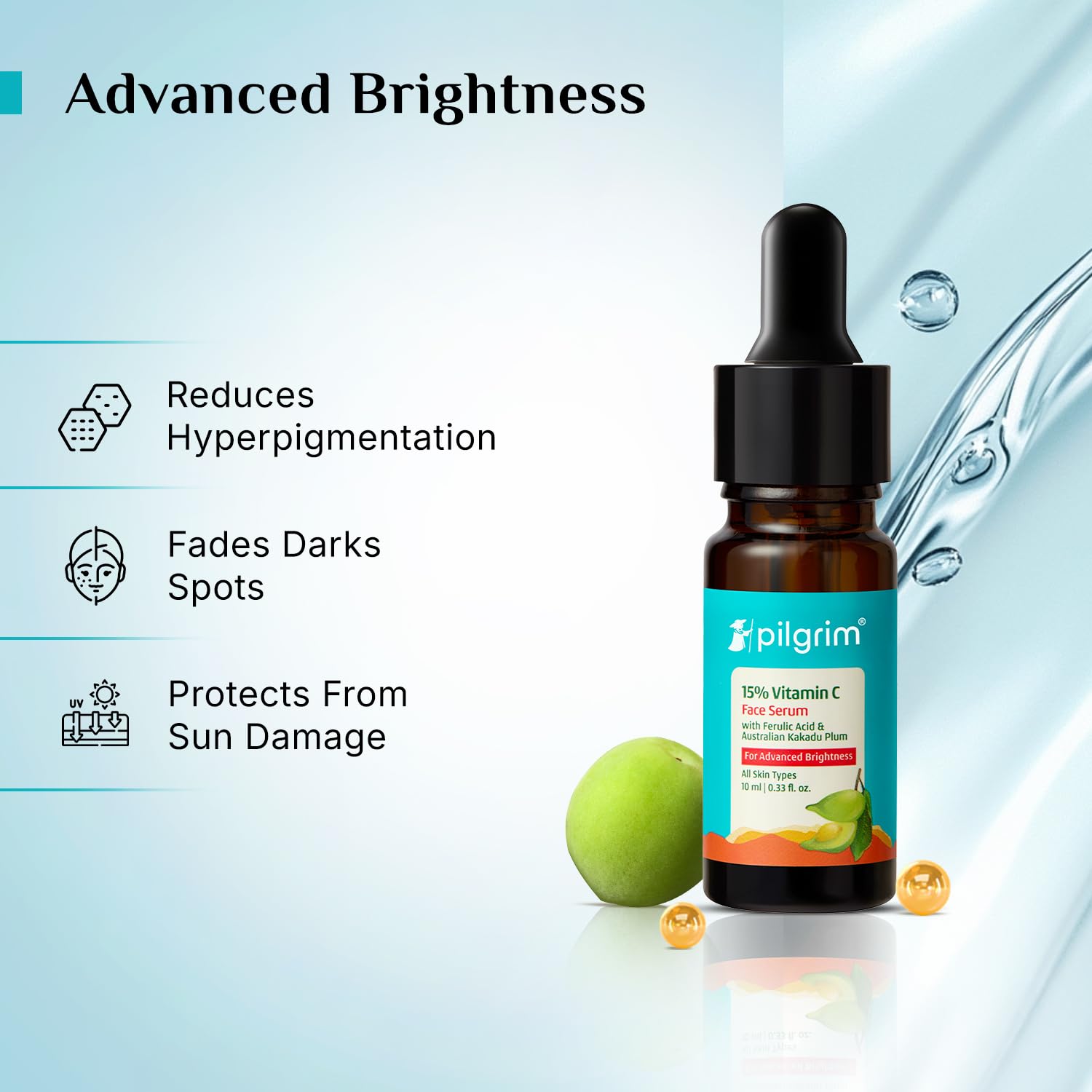Pilgrim 15% Vitamin C Serum 10ml for Glowing Skin with Ferulic Acid & Kakadu Plum | Advanced Dark Spot Corrector, Hyperpigmen