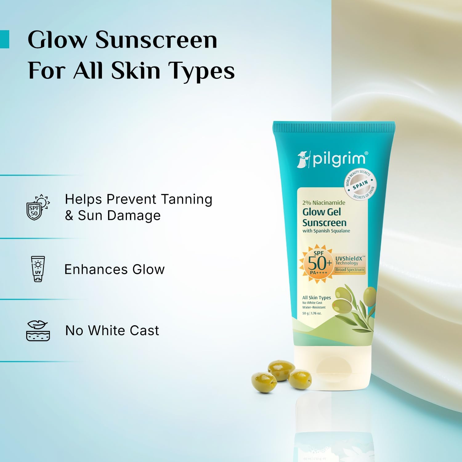 Pilgrim 2% Niacinamide Glow Sunscreen SPF 50 +++ for Women and Men with Spanish Squalane | Enhances Glow, Broad spectrum, Non