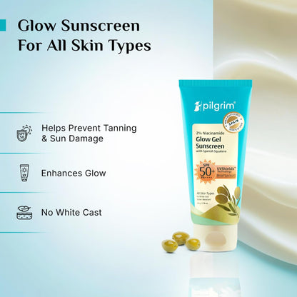 Pilgrim 2% Niacinamide Glow Sunscreen SPF 50 +++ for Women and Men with Spanish Squalane | Enhances Glow, Broad spectrum, Non