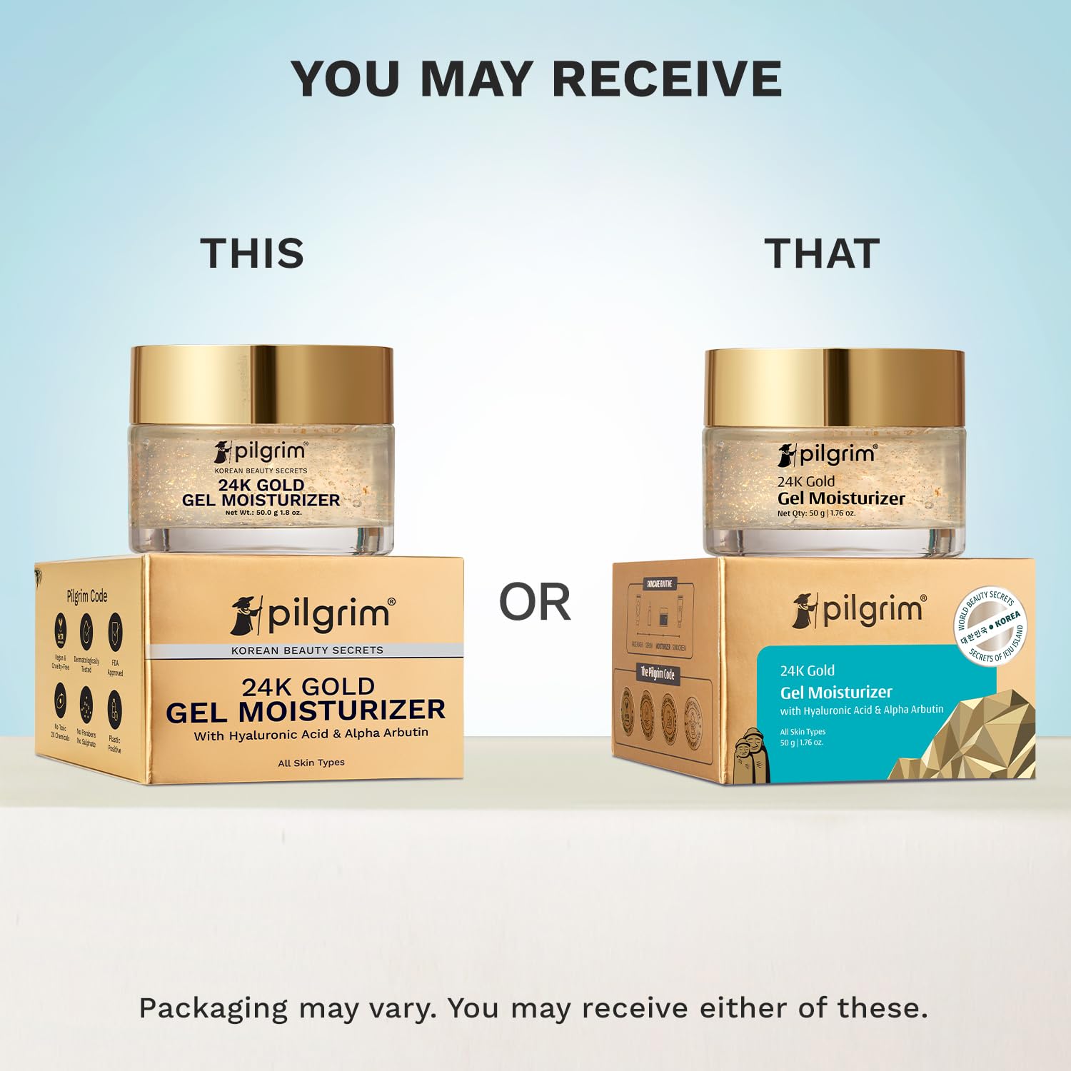 Pilgrim 24K Gold Gel Moisturizer, 50gm, with Hyaluronic Acid, Alpha Arbutin & Niacinamide - front view