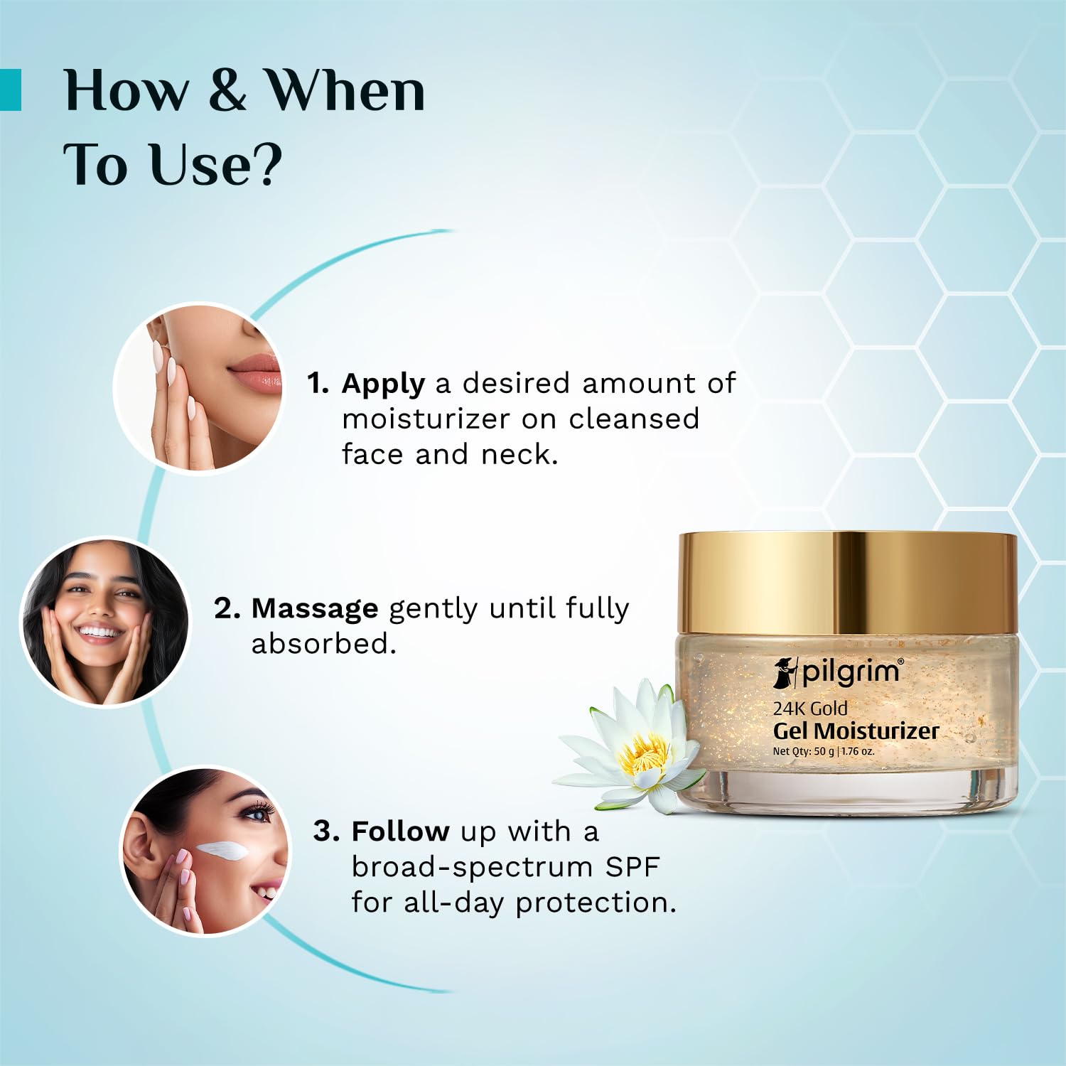 Pilgrim 24K Gold Gel Moisturizer, 50gm, with Hyaluronic Acid, Alpha Arbutin & Niacinamide - label detail