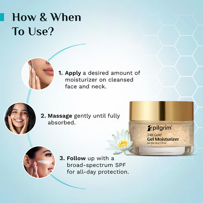 Pilgrim 24K Gold Gel Moisturizer, 50gm, with Hyaluronic Acid, Alpha Arbutin & Niacinamide - label detail