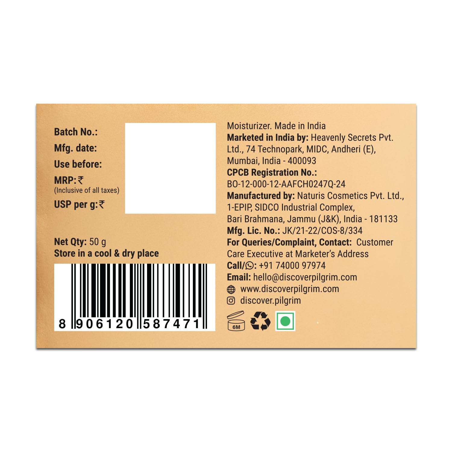 Pilgrim 24K Gold Gel Moisturizer, 50gm, with Hyaluronic Acid, Alpha Arbutin & Niacinamide - size and scale