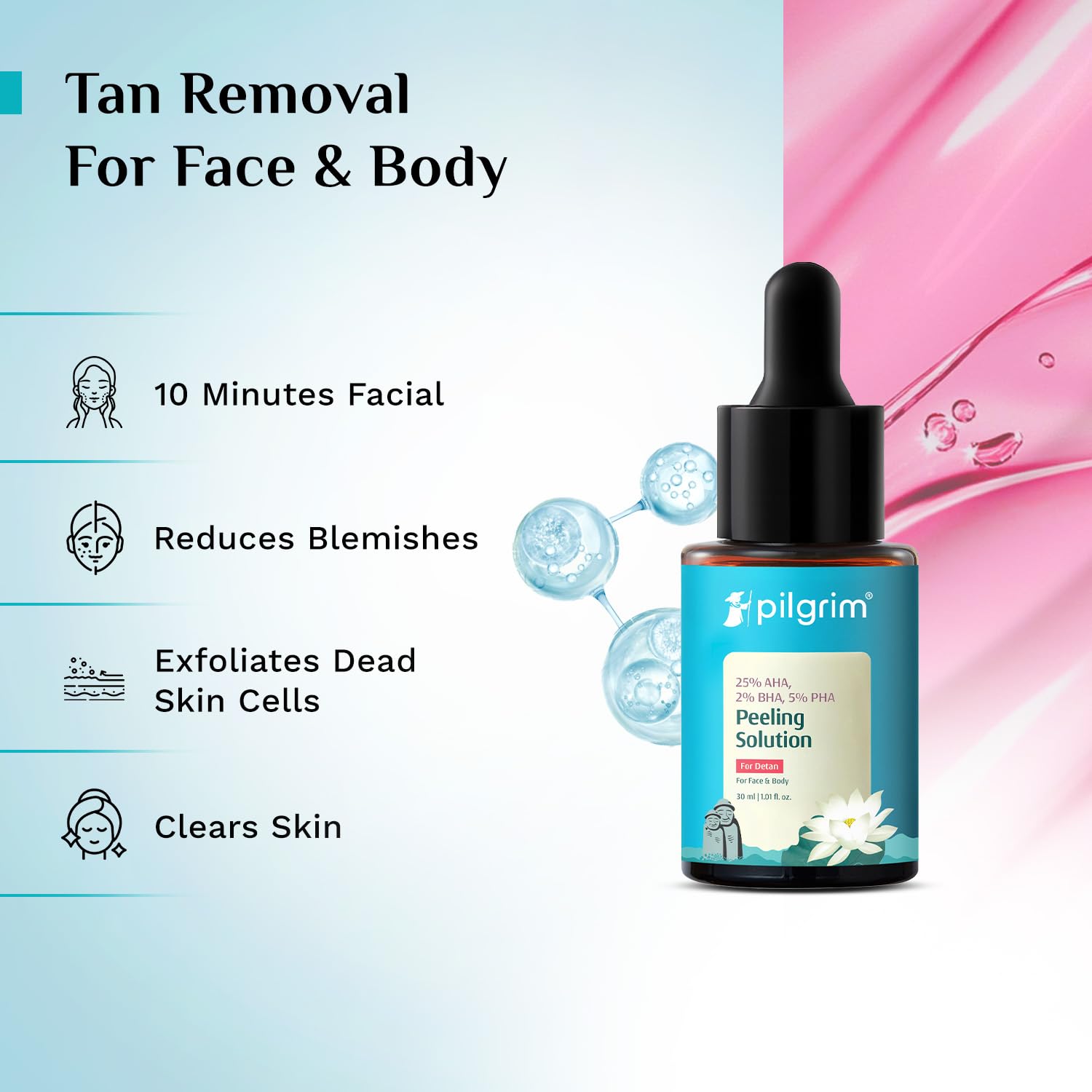 Pilgrim 25% AHA + 2% BHA + 5% PHA Peeling Solution For Tan Removal - 10ml |10-Minute Facial At Home | Advanced Exfoliating Pe
