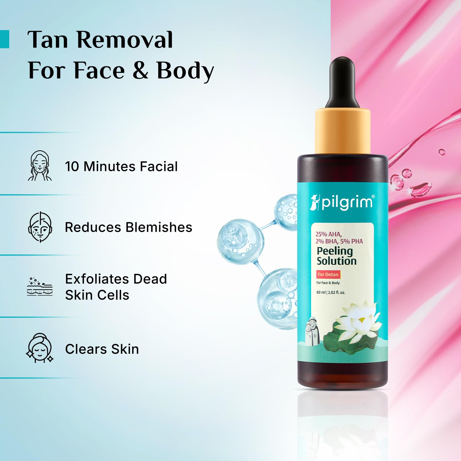 Pilgrim 25% AHA + 2% BHA + 5% PHA Peeling Solution For Tan Removal - 10ml |10-Minute Facial At Home | Advanced Exfoliating Pe