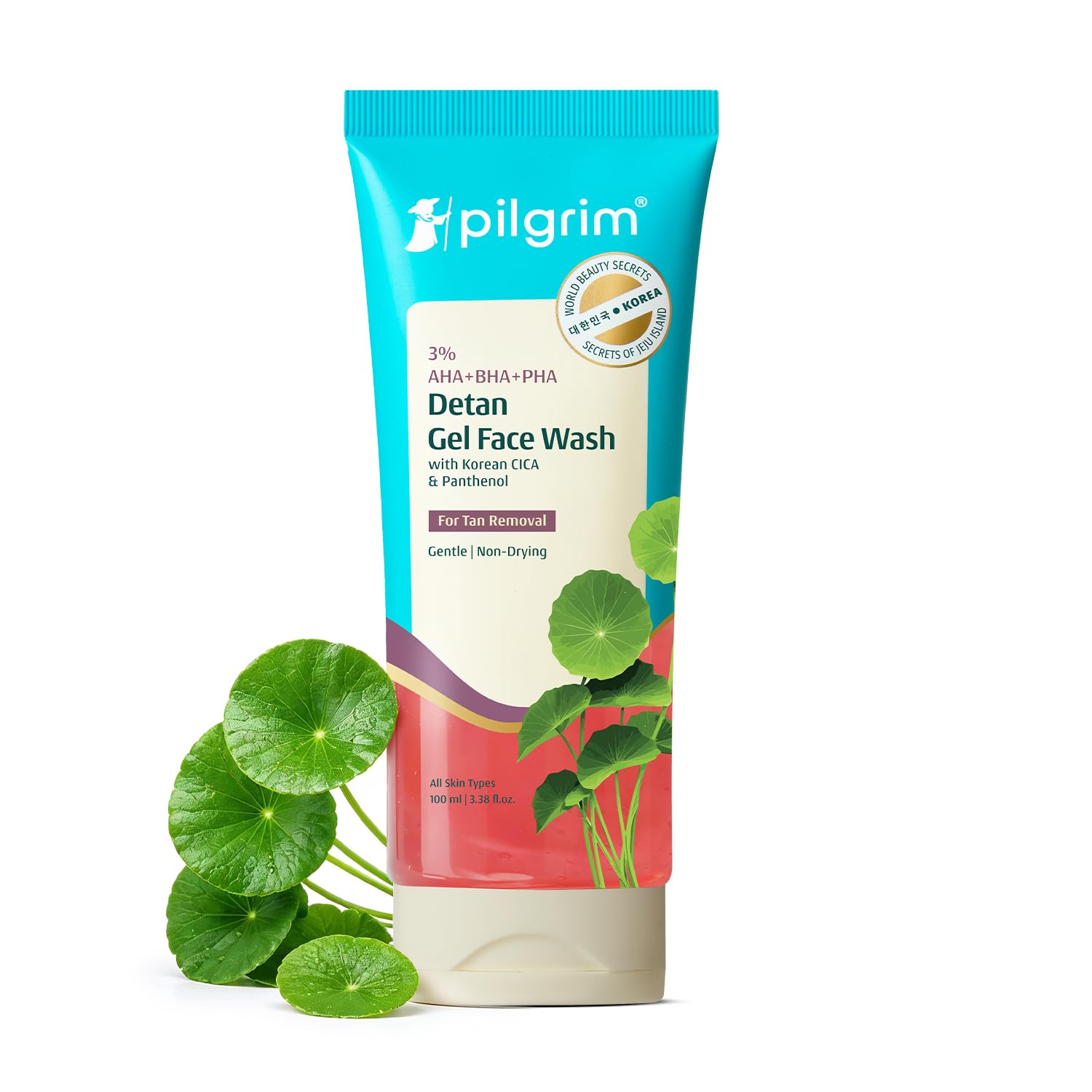 Pilgrim 3% AHA BHA PHA Detan Gel Face Wash | Korean Cica & Panthenol | Detans | All Skin Types| Salicylic, Lactic, Gluconolac