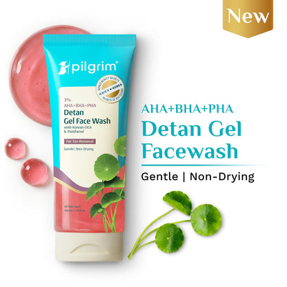 Pilgrim 3% AHA BHA PHA Detan Gel Face Wash | Korean Cica & Panthenol | Detans | All Skin Types| Salicylic, Lactic, Gluconolac