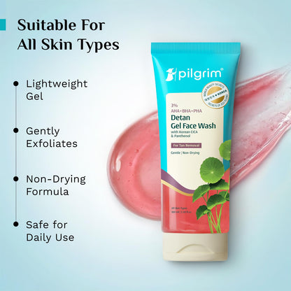 Pilgrim 3% AHA BHA PHA Detan Gel Face Wash | Korean Cica & Panthenol | Detans | All Skin Types| Salicylic, Lactic, Gluconolac
