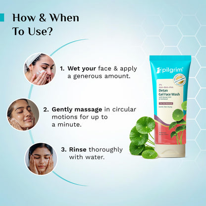 Pilgrim 3% AHA BHA PHA Detan Gel Face Wash | Korean Cica & Panthenol | Detans | All Skin Types| Salicylic, Lactic, Gluconolac