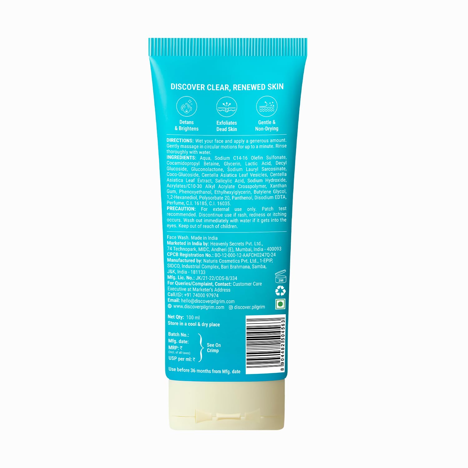 Pilgrim 3% AHA BHA PHA Detan Gel Face Wash | Korean Cica & Panthenol | Detans | All Skin Types| Salicylic, Lactic, Gluconolac