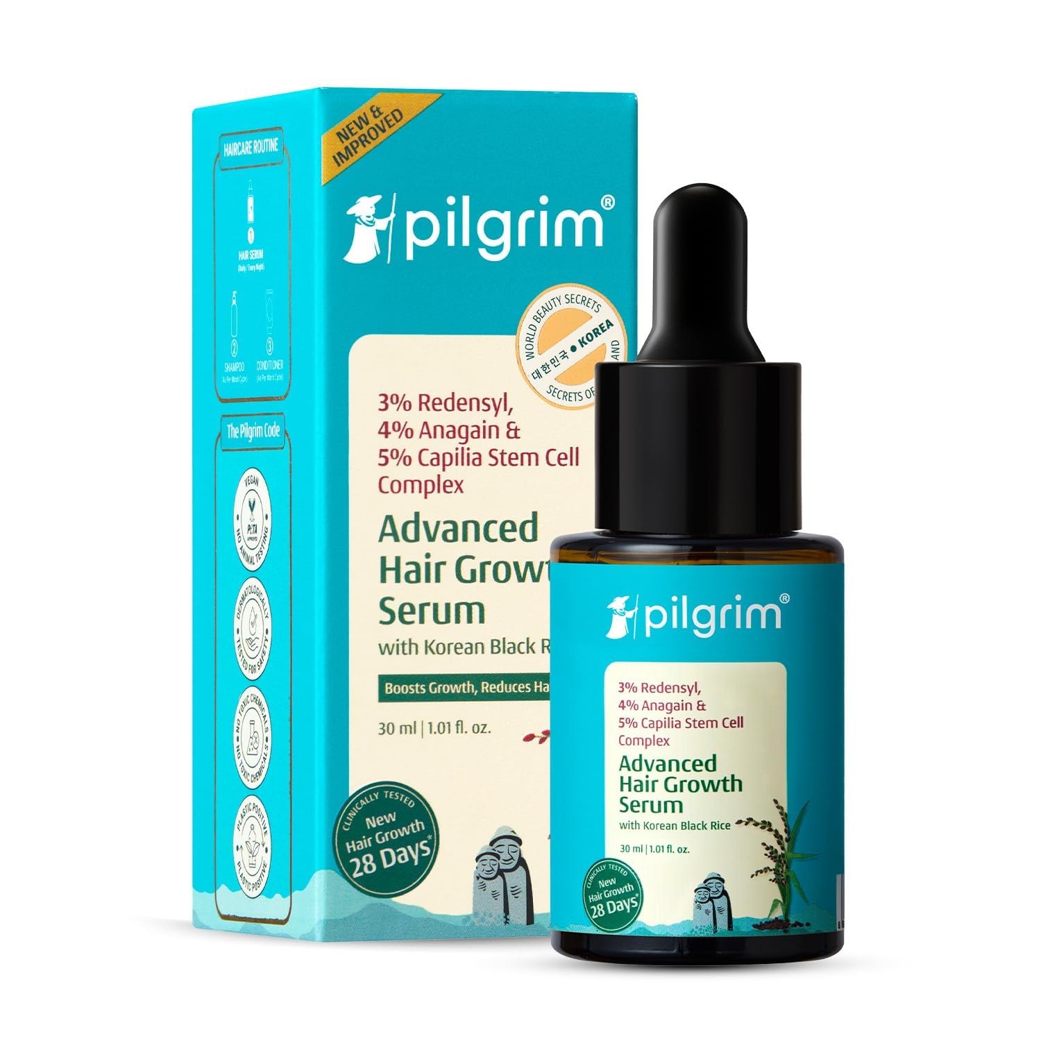 Pilgrim 3% Redensyl, 4% Anagain, 5% Capilia Stem Hair Serum Roll-on with Korean Black Rice & Rosemary, 25ml (10)
