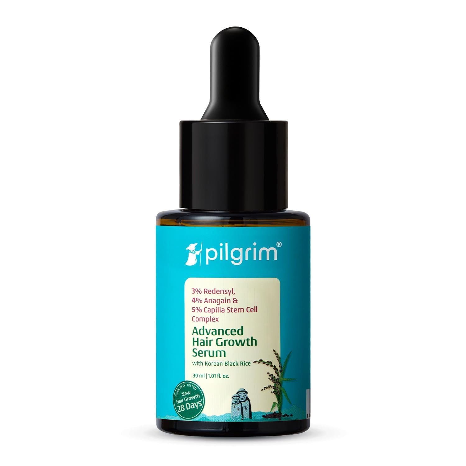 Pilgrim 3% Redensyl, 4% Anagain, 5% Capilia Stem Hair Serum Roll-on with Korean Black Rice & Rosemary, 25ml - size and scale 