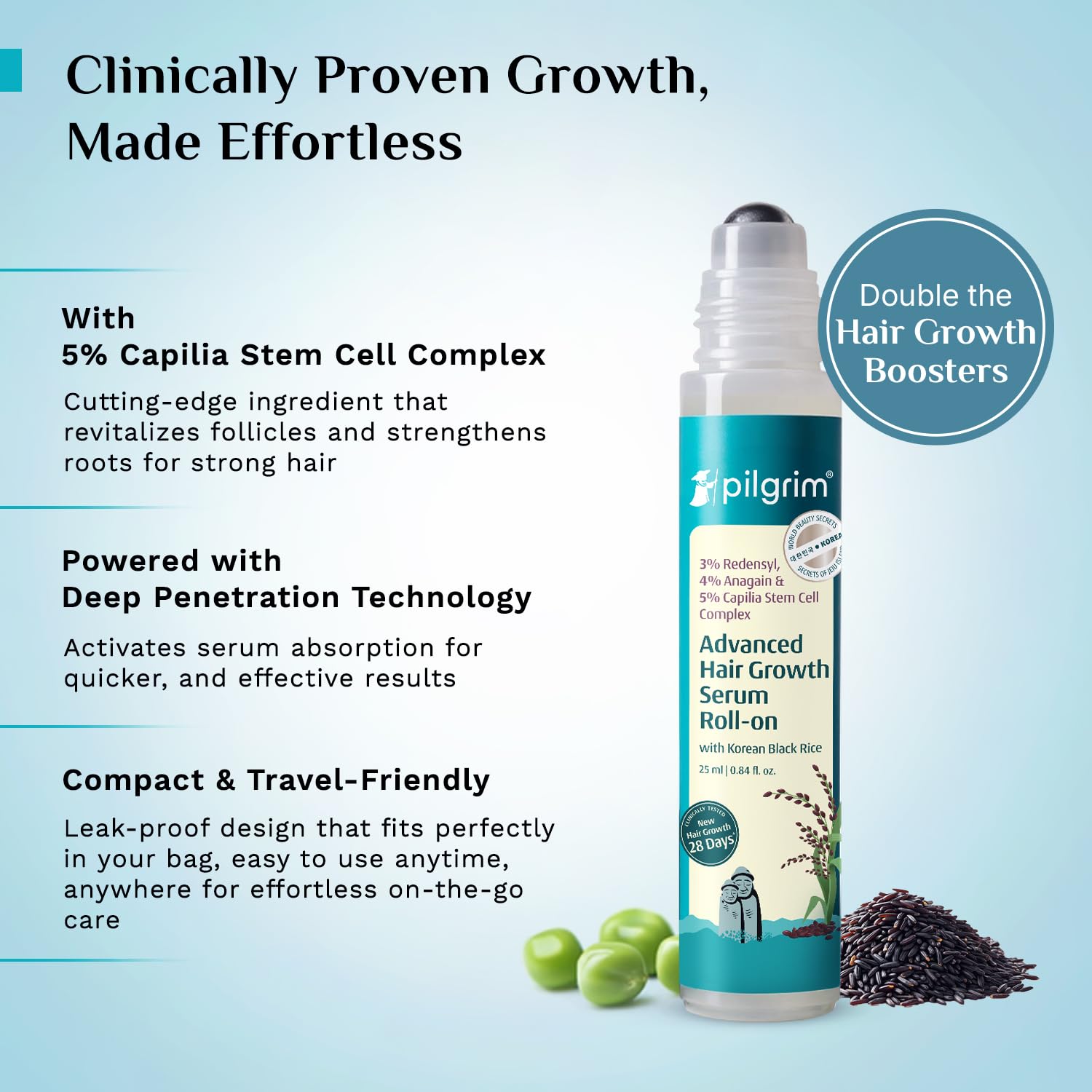 Pilgrim 3% Redensyl, 4% Anagain, 5% Capilia Stem Hair Serum Roll-on with Korean Black Rice & Rosemary, 25ml - front view