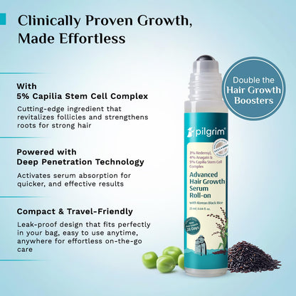 Pilgrim 3% Redensyl, 4% Anagain, 5% Capilia Stem Hair Serum Roll-on with Korean Black Rice & Rosemary, 25ml - front view