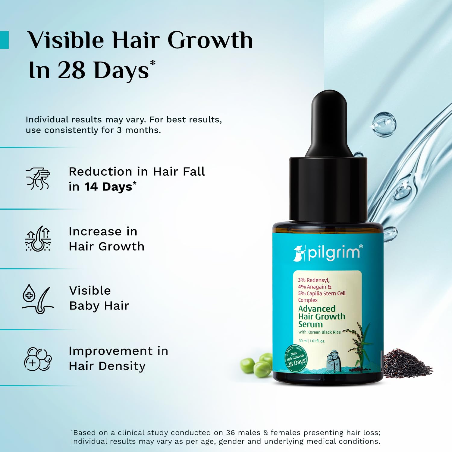 Pilgrim 3% Redensyl, 4% Anagain, 5% Capilia Stem Hair Serum Roll-on with Korean Black Rice & Rosemary, 25ml - size and scale 