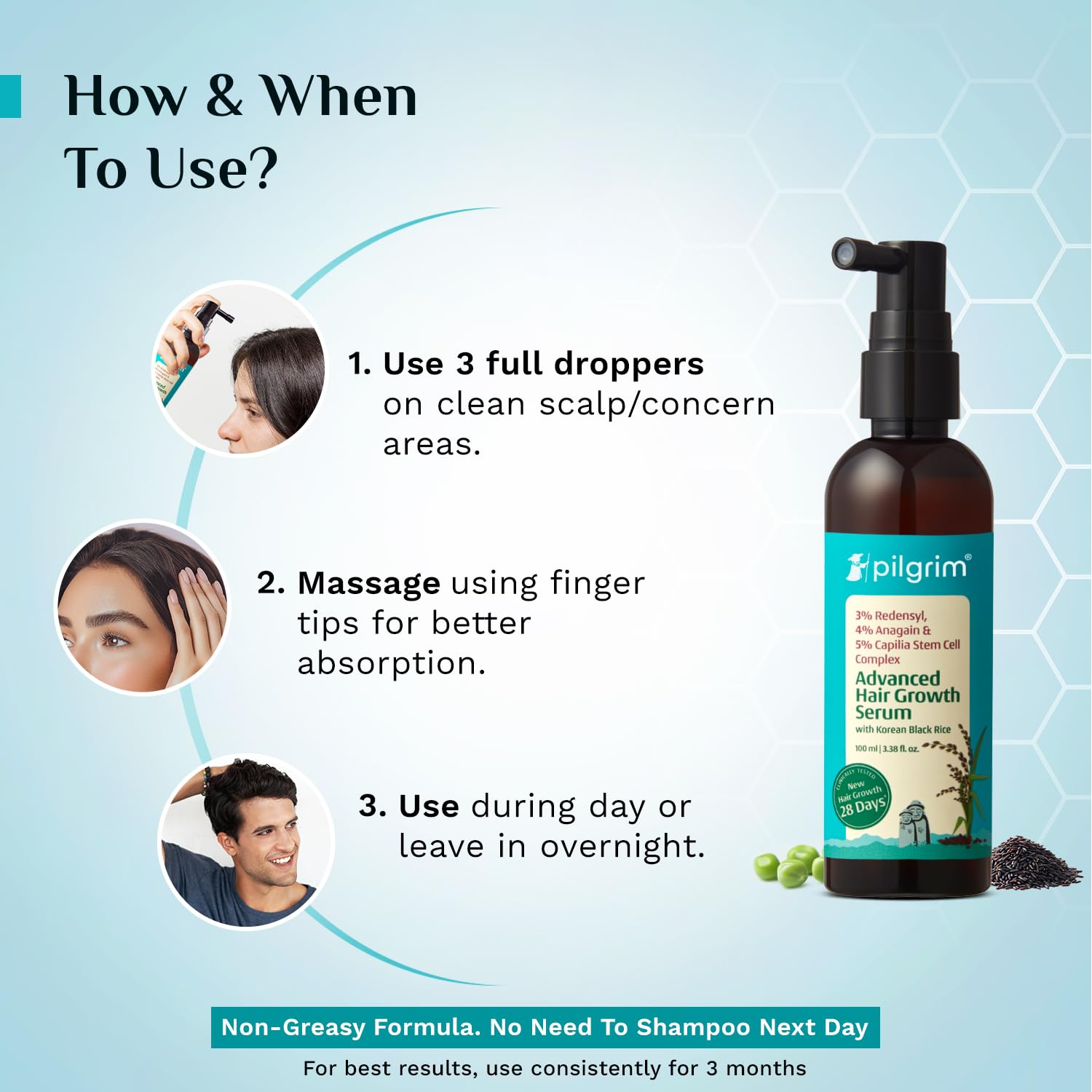 Pilgrim 3% Redensyl, 4% Anagain, 5% Capilia Stem Hair Serum Roll-on with Korean Black Rice & Rosemary, 25ml - label detail (4