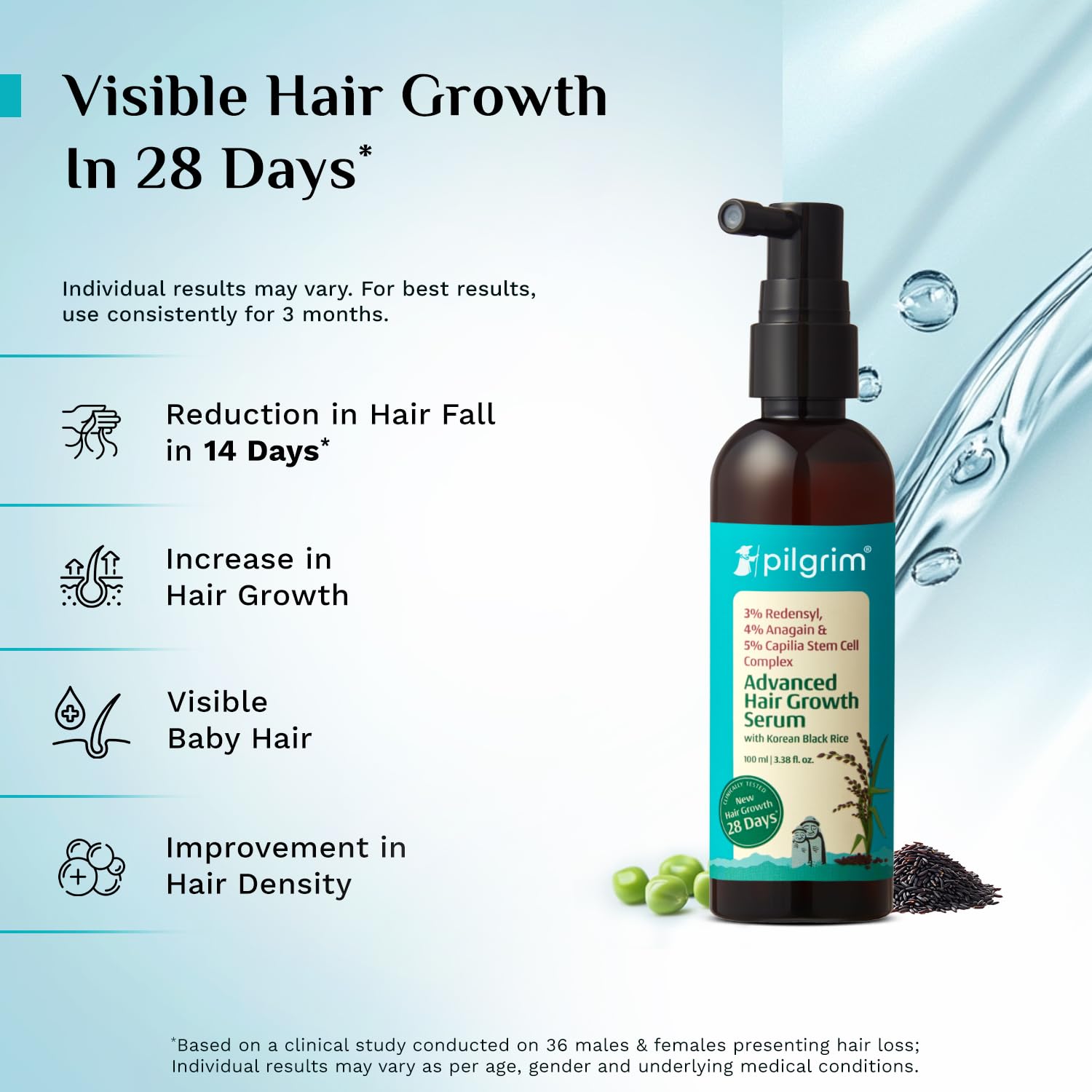 Pilgrim 3% Redensyl, 4% Anagain, 5% Capilia Stem Hair Serum Roll-on with Korean Black Rice & Rosemary, 25ml - close-up detail