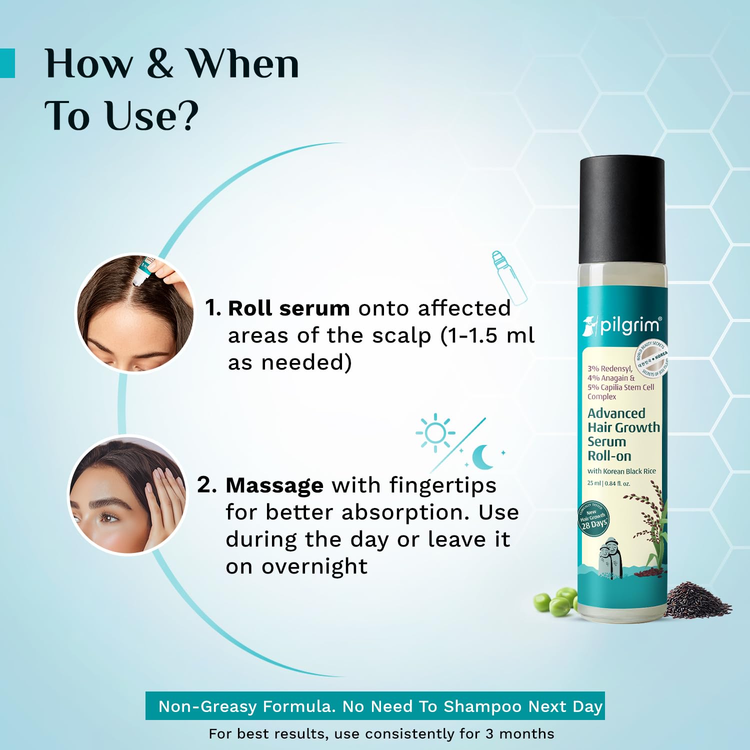 Pilgrim 3% Redensyl, 4% Anagain, 5% Capilia Stem Hair Serum Roll-on with Korean Black Rice & Rosemary, 25ml - close-up detail