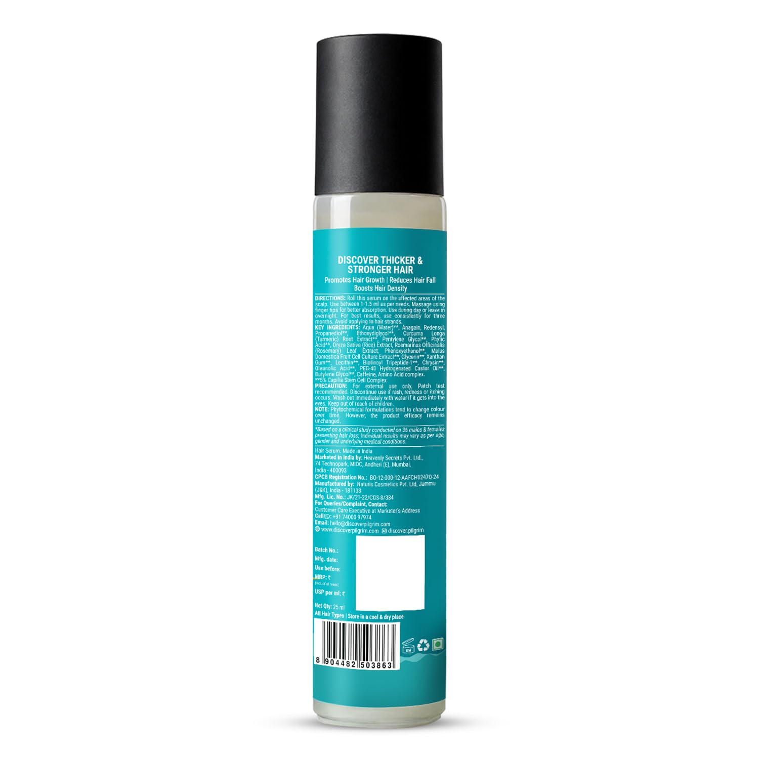 Pilgrim 3% Redensyl, 4% Anagain, 5% Capilia Stem Hair Serum Roll-on with Korean Black Rice & Rosemary, 25ml - size and scale