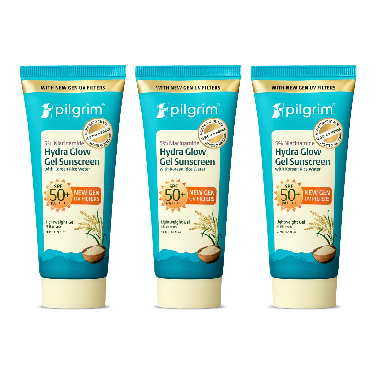 Pilgrim 5% Niacinamide Hydra Glow Gel Sunscreen SPF 50+ PA++++ | With Korean Rice Water for Hydrated Glowing Skin | InVivo Te