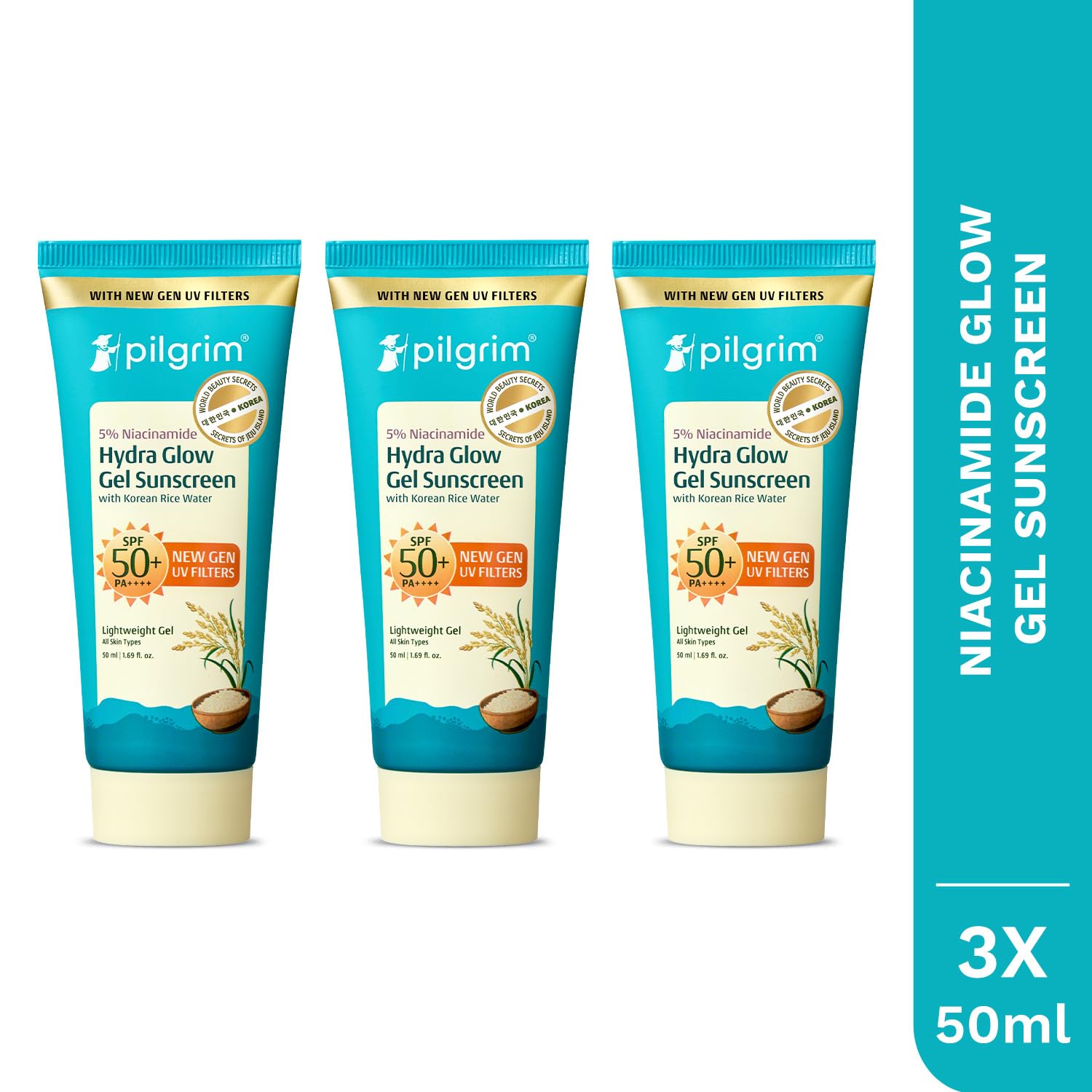 Pilgrim 5% Niacinamide Hydra Glow Gel Sunscreen SPF 50+ PA++++ | With Korean Rice Water for Hydrated Glowing Skin | InVivo Te
