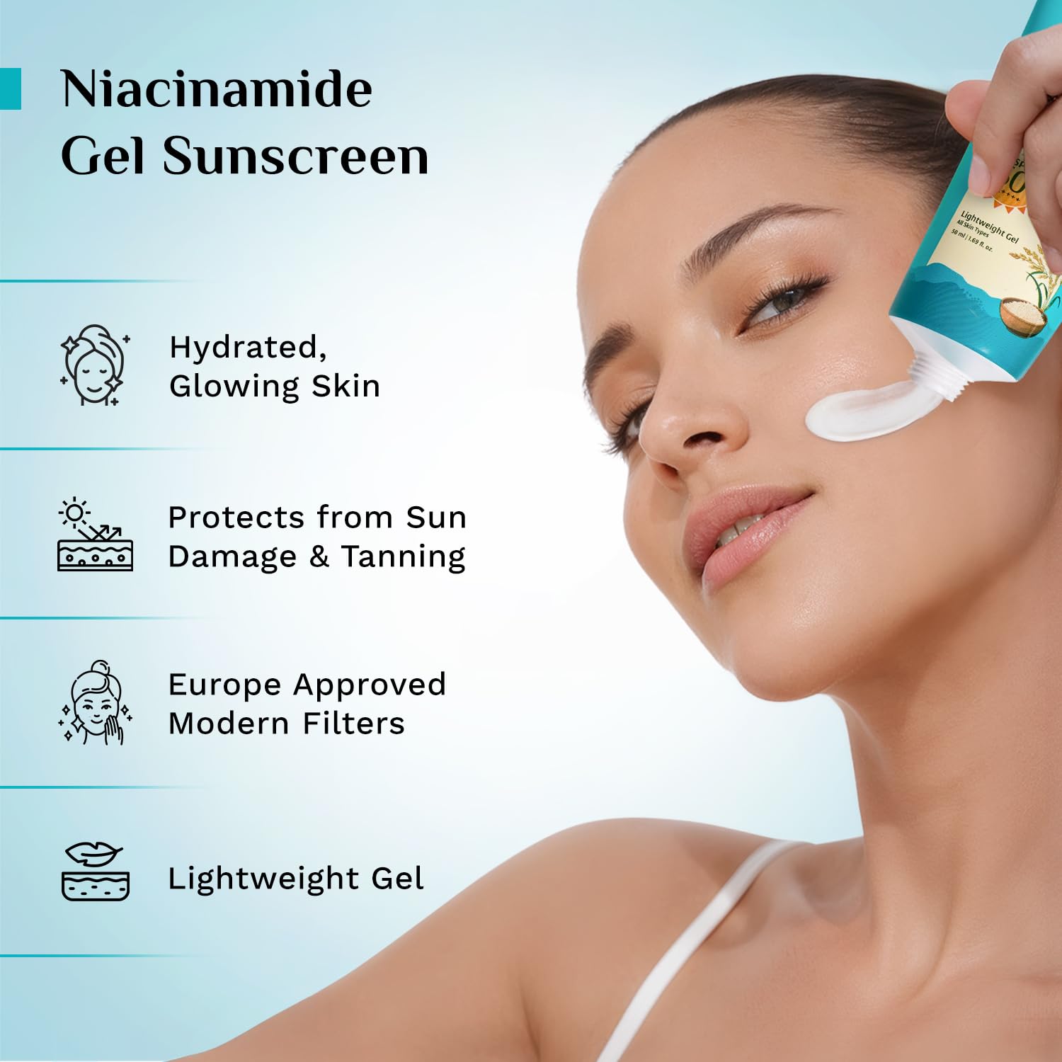 Pilgrim 5% Niacinamide Hydra Glow Gel Sunscreen SPF 50+ PA++++ | With Korean Rice Water for Hydrated Glowing Skin | InVivo Te